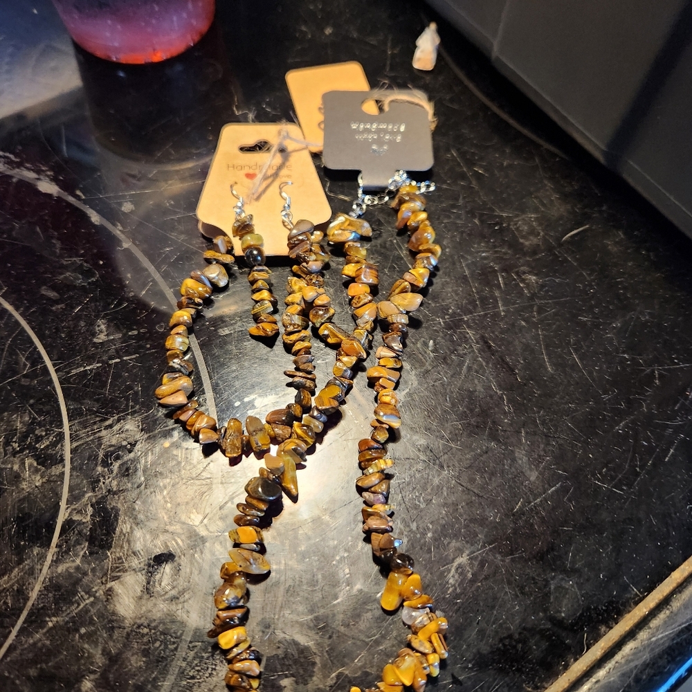 Handmade Natural Brown Stone Necklace, Bracelet and Earrings Set